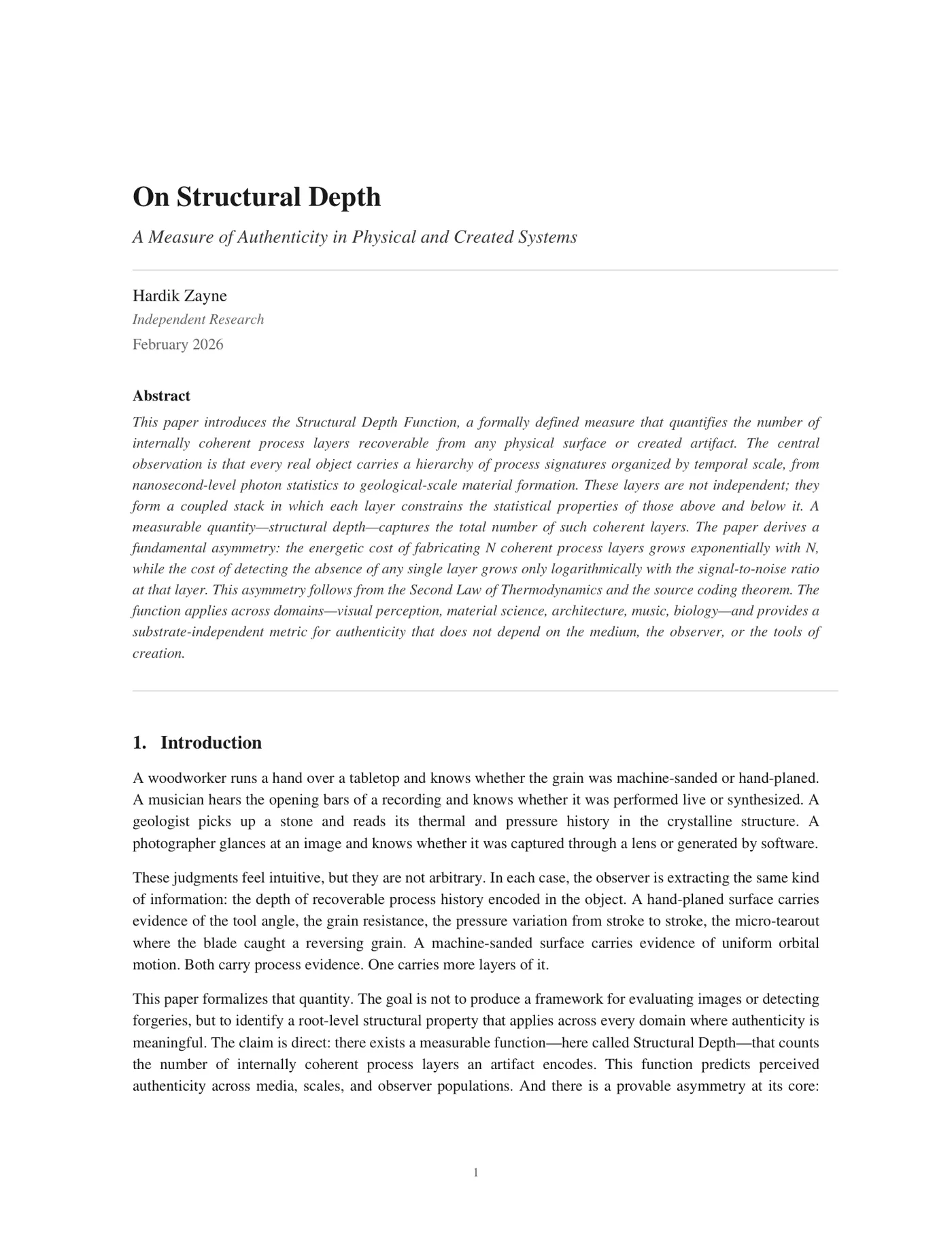 On Structural Depth: A Measure of Authenticity in Physical and Created Systems